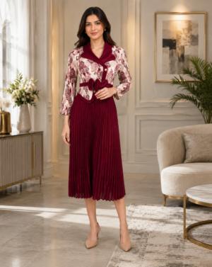 1845PL Wine Floral Pleated Ladies Middy Dress | Premium Imported Fabric 1845PL-441-MRN