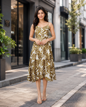 Women's Imported Tropical Leaf Print Middy Dress – Elegant Summer Wear 835PR-24-MHND