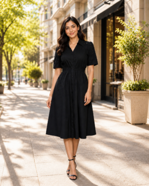 1325PL Women’s Imported Black Embroidered Shirt-Style Middy Dress 1325PL-24-BLK