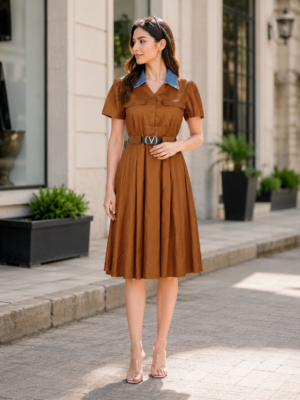 1375PL Women’s Imported Belted Shirt-Style Middy Dress – Classic Brown 1375PL-24-D BWN