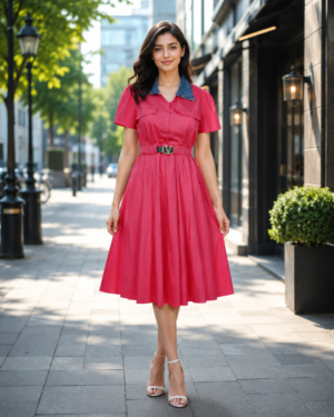 1375PL Women's Imported Belted Shirt-Style Middy Dress – Elegant Casual Wear  1375PL-24-PNK