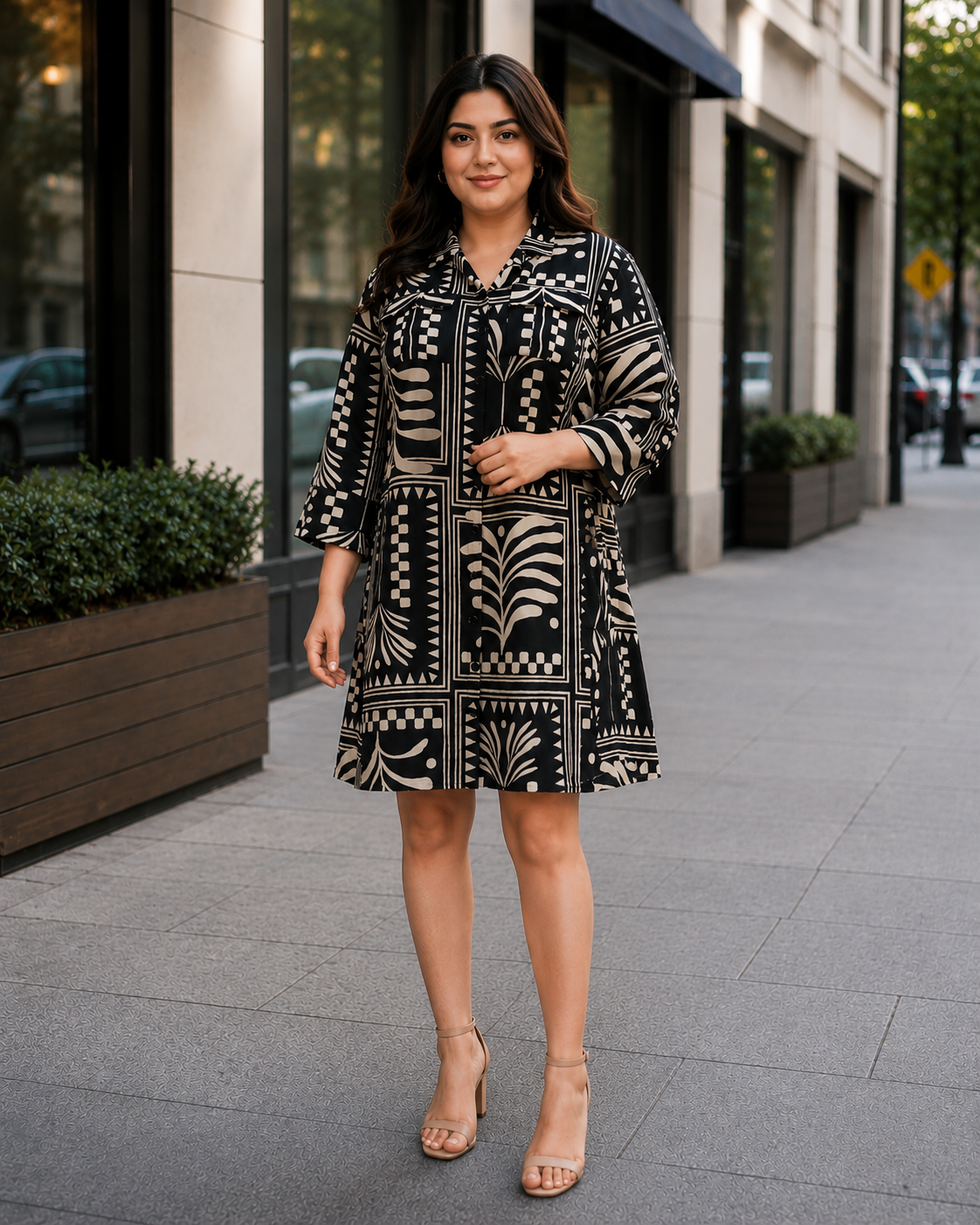 Women's Imported Geometric Print Middy Dress 1504FG-214-CRM