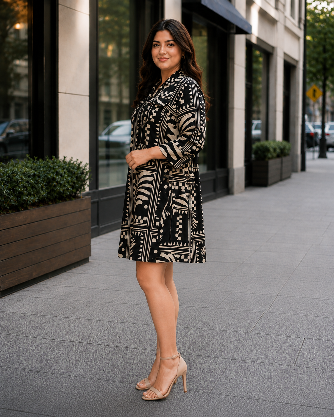 Women's Imported Geometric Print Middy Dress 1504FG-214-CRM - Image 4