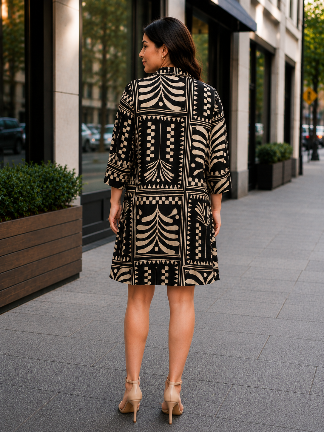 Women's Imported Geometric Print Middy Dress 1504FG-214-CRM - Image 3