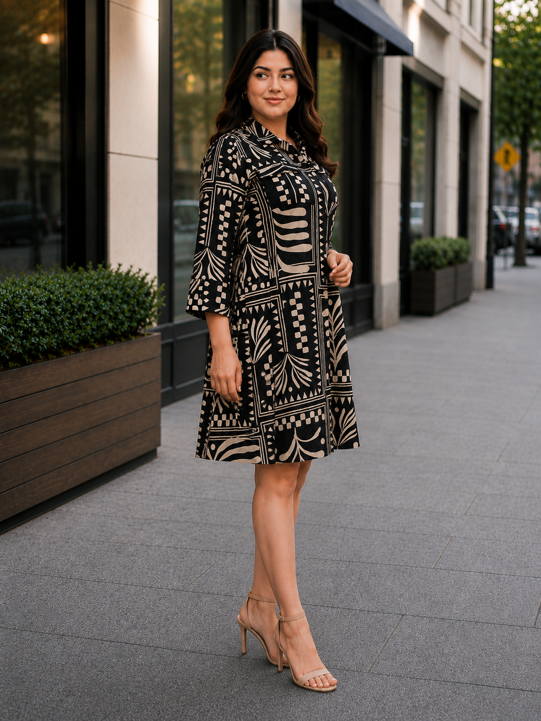 Women's Imported Geometric Print Middy Dress 1504FG-214-CRM - Image 2
