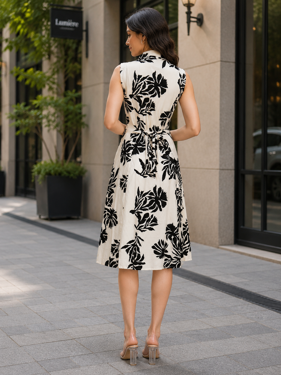 Women’s Imported Black & White Floral Print Belted Middy Dress 14022PT-369-BLK - Image 4