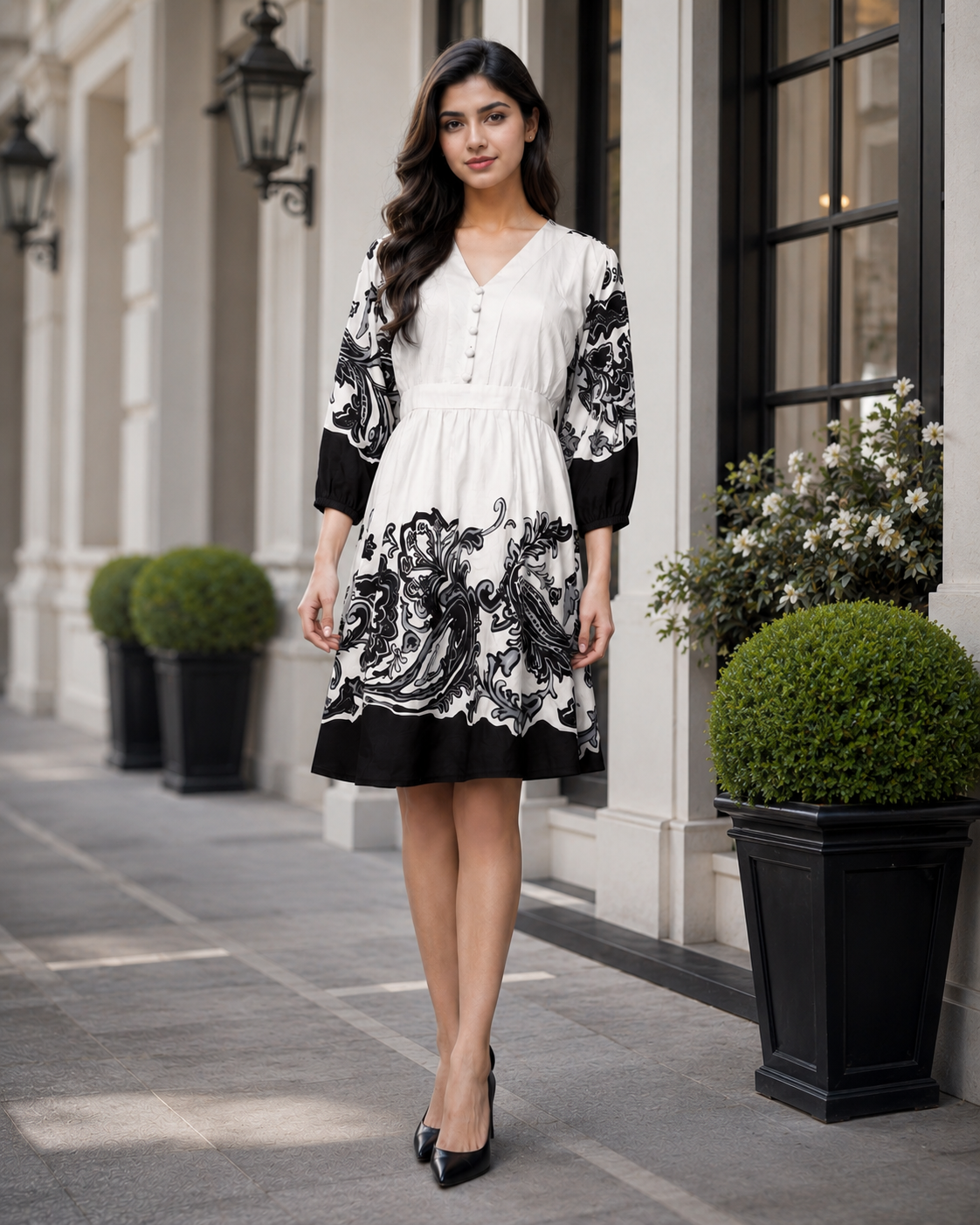 LD43 Women's Imported Monochrome Printed Middy Dress LD43-427-CRM-BLK