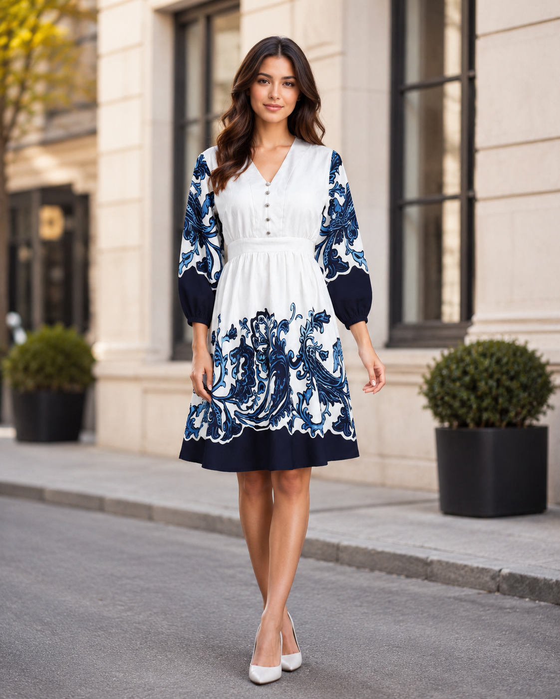 Women’s Imported Blue Ornamental Print Fit-and-Flare Middy Dress LD43-427-CRM-BLU