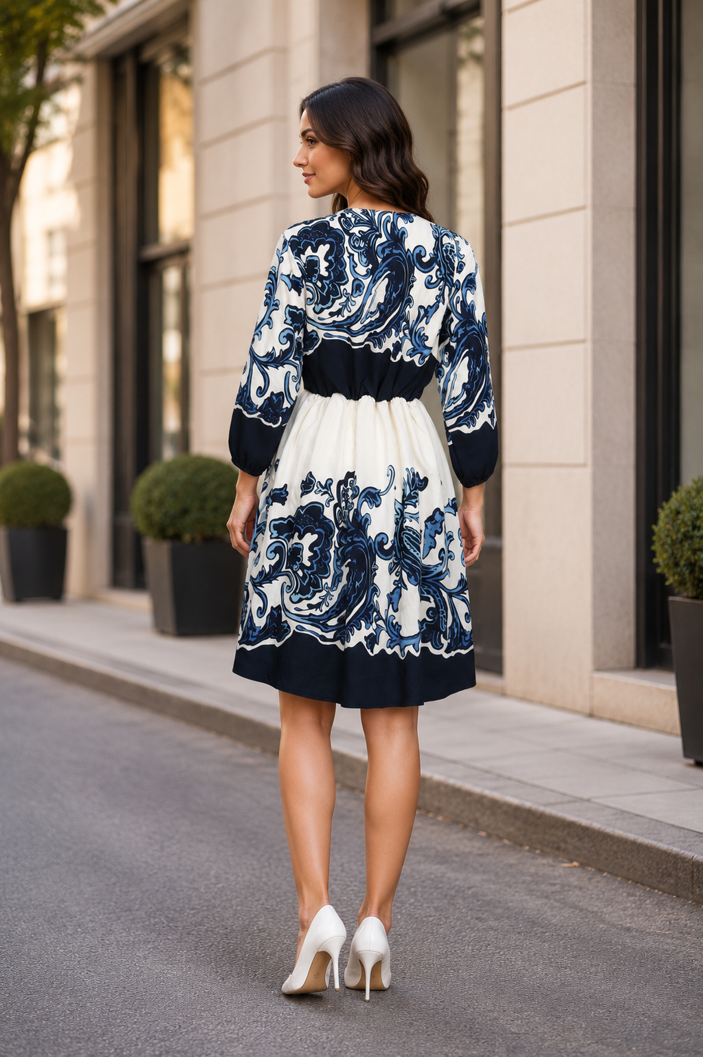 Women’s Imported Blue Ornamental Print Fit-and-Flare Middy Dress LD43-427-CRM-BLU - Image 3