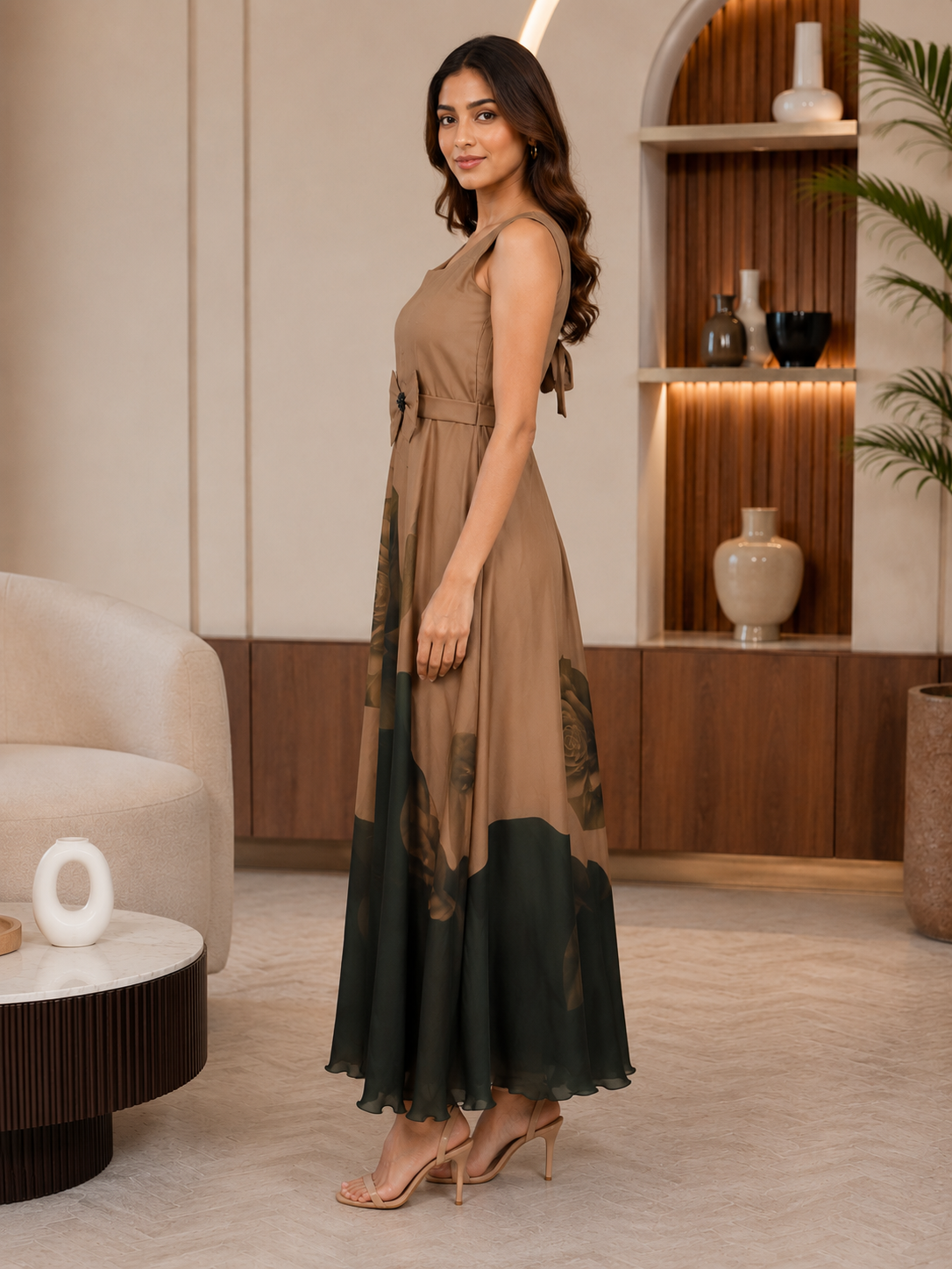 Women’s Imported Floral Print Maxi Middy Dress with Bow Detail LD53-427-FWN - Image 2