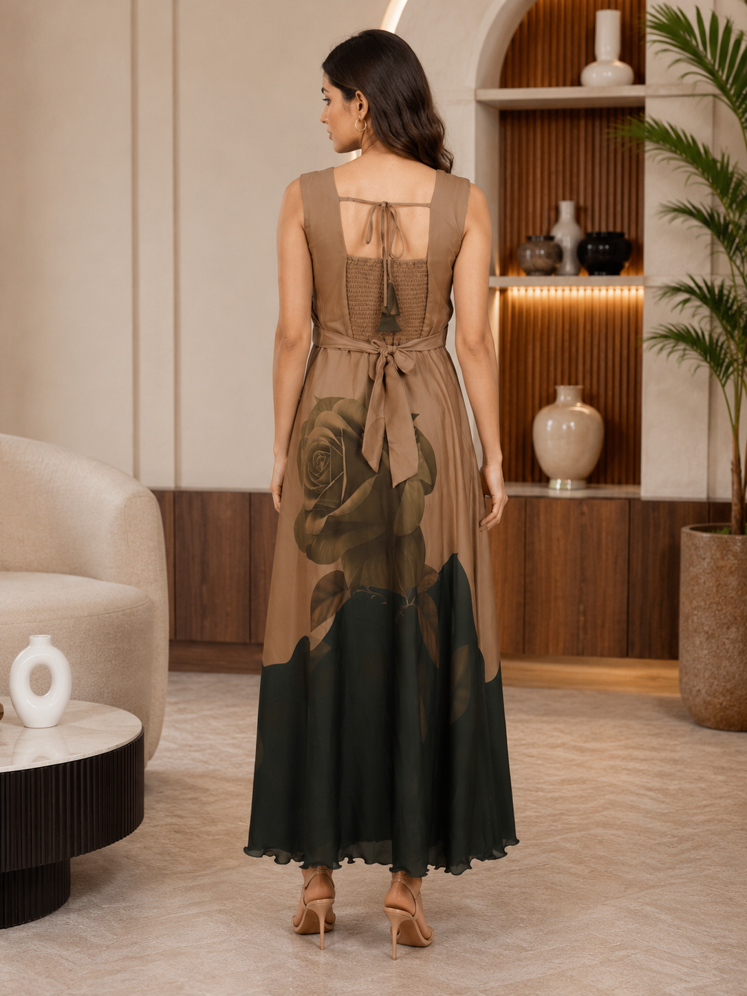 Women’s Imported Floral Print Maxi Middy Dress with Bow Detail LD53-427-FWN - Image 3