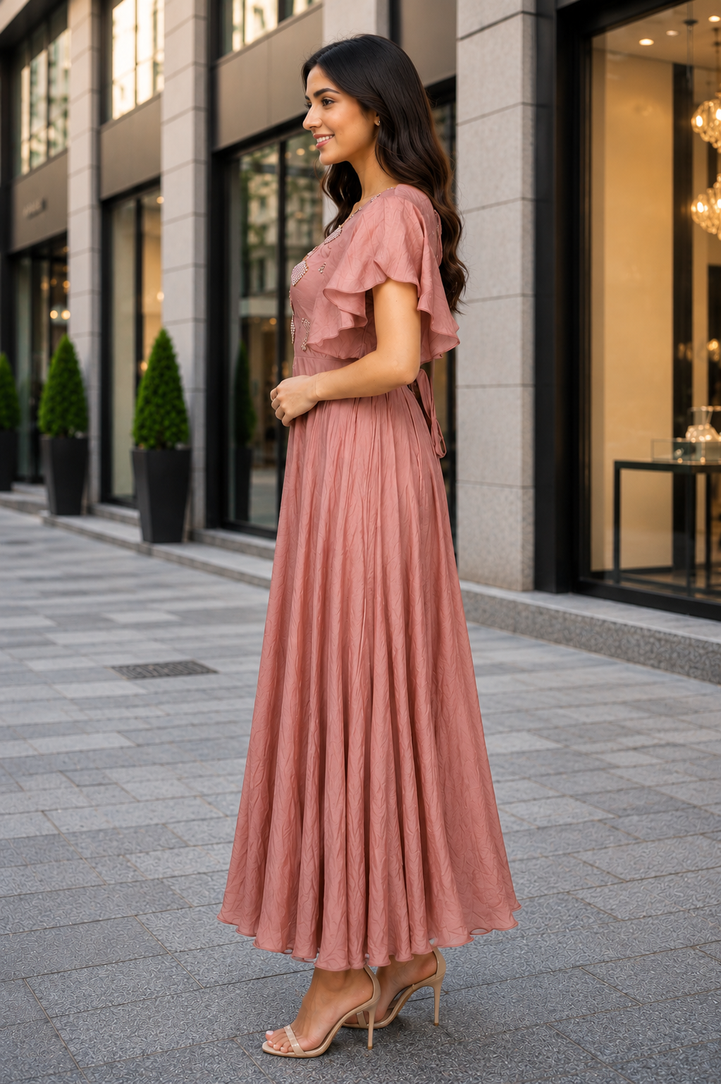 LD69PR Women’s Imported Embellished Flutter-Sleeve Maxi Middy Dress LD69PR-427-PCH - Image 3