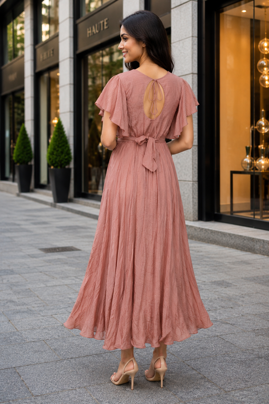 LD69PR Women’s Imported Embellished Flutter-Sleeve Maxi Middy Dress LD69PR-427-PCH - Image 2