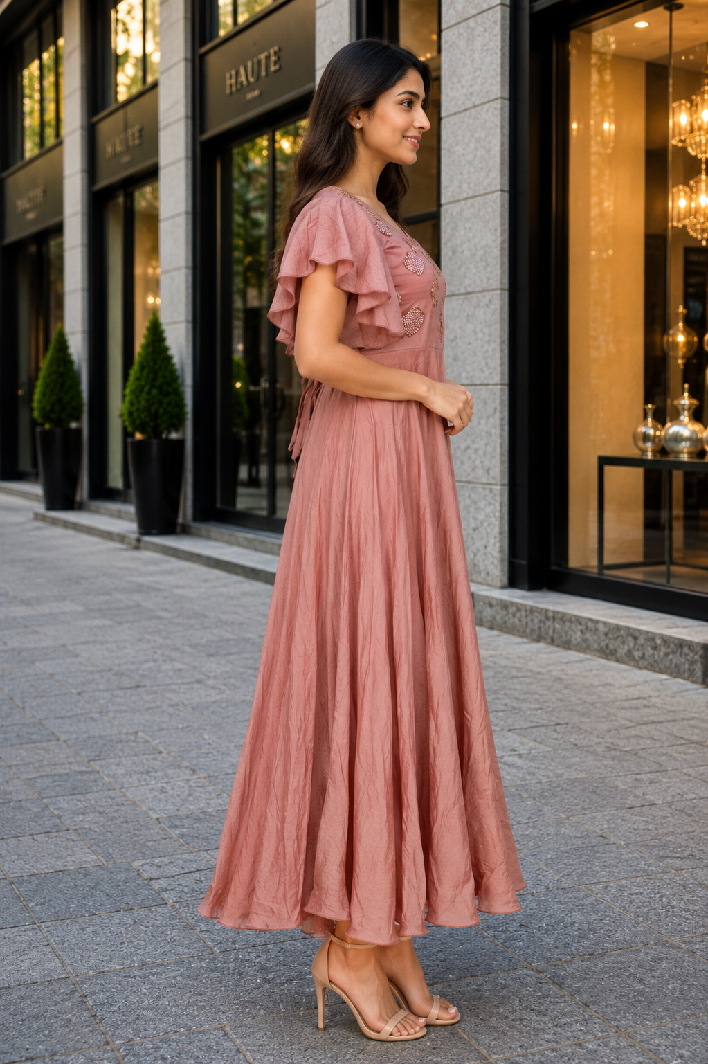 LD69PR Women’s Imported Embellished Flutter-Sleeve Maxi Middy Dress LD69PR-427-PCH - Image 4