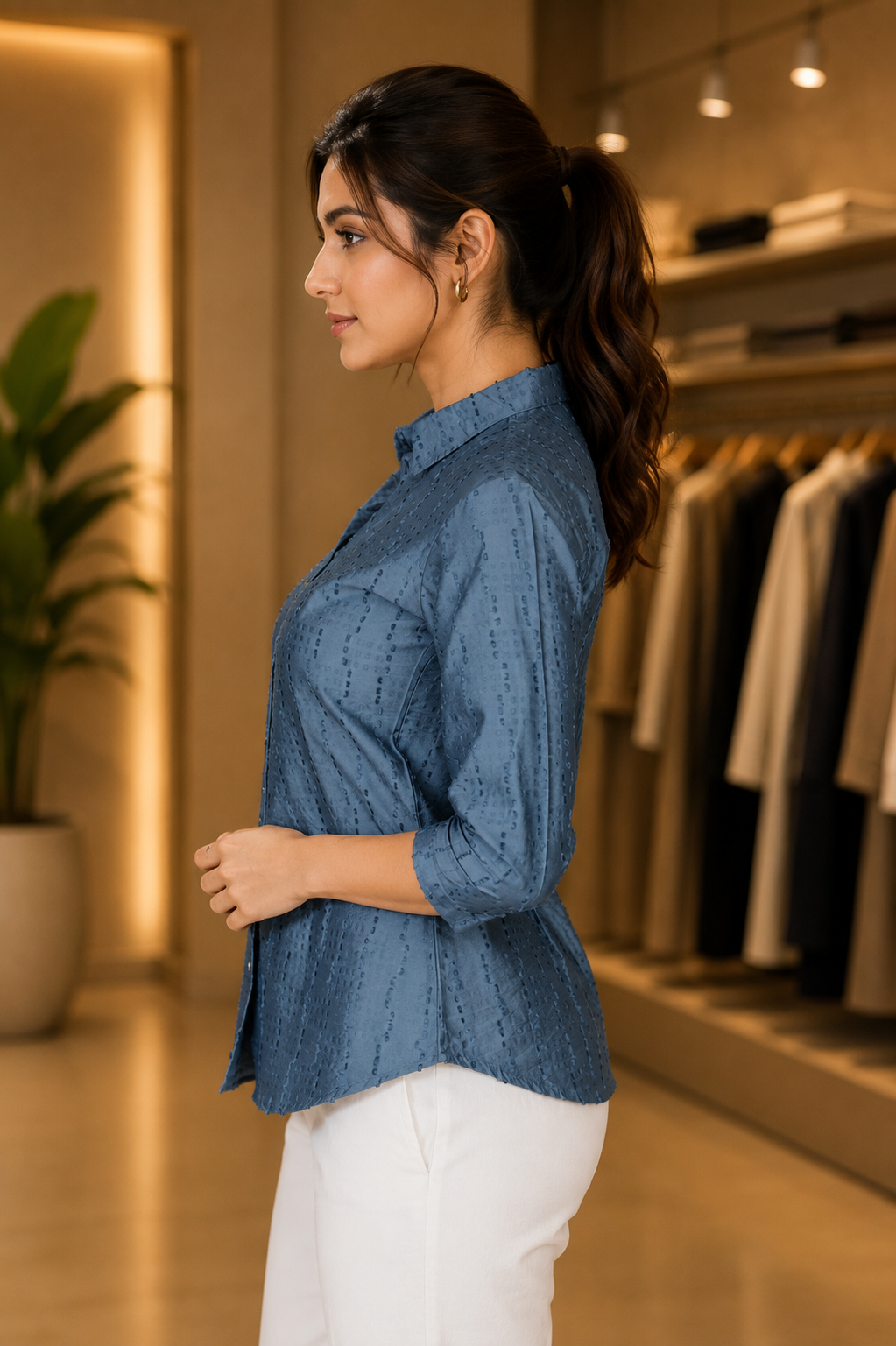 26451 Women’s Imported Textured Casual Shirt 26451-268-BLU - Image 4