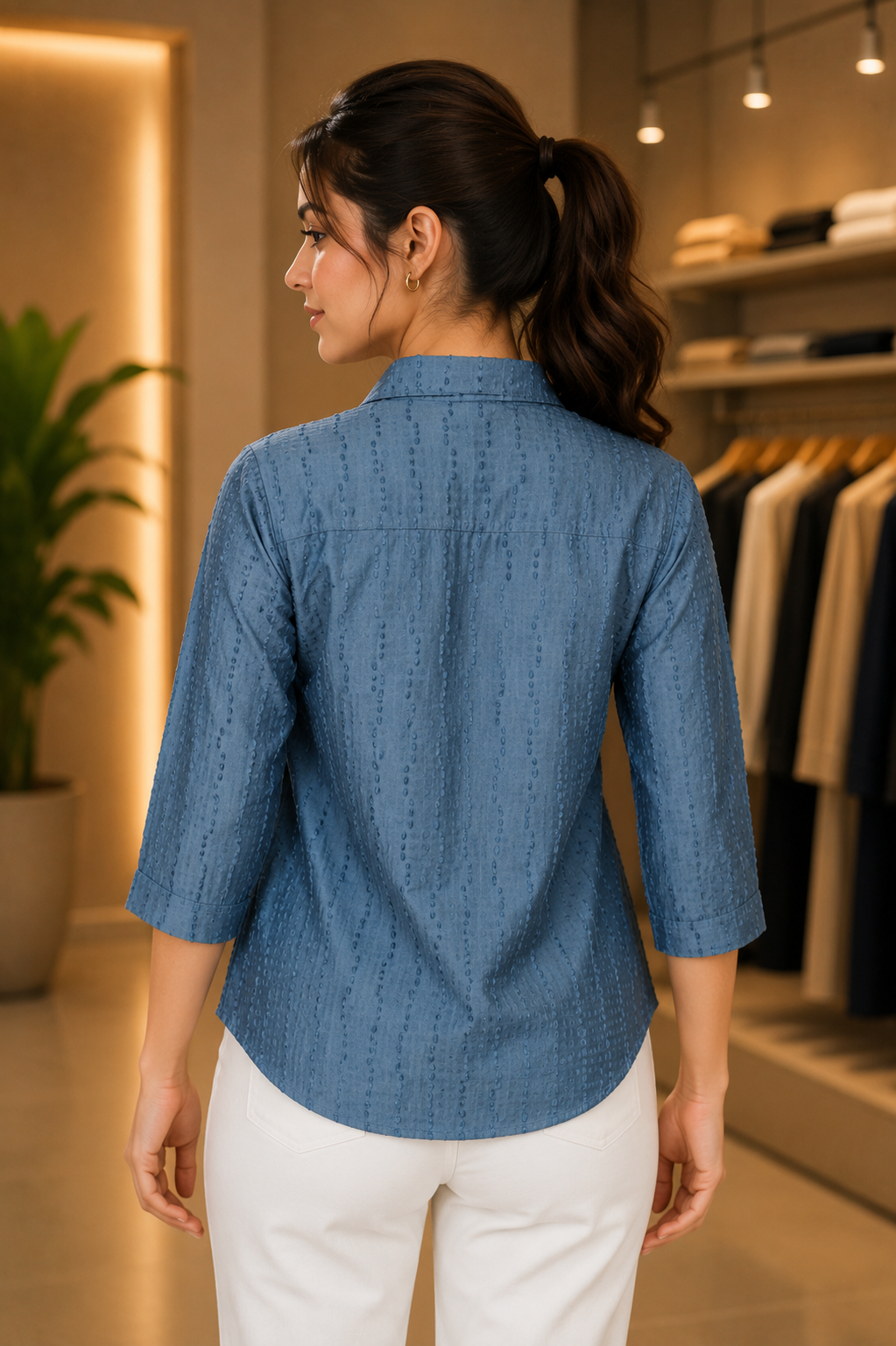26451 Women’s Imported Textured Casual Shirt 26451-268-BLU - Image 3