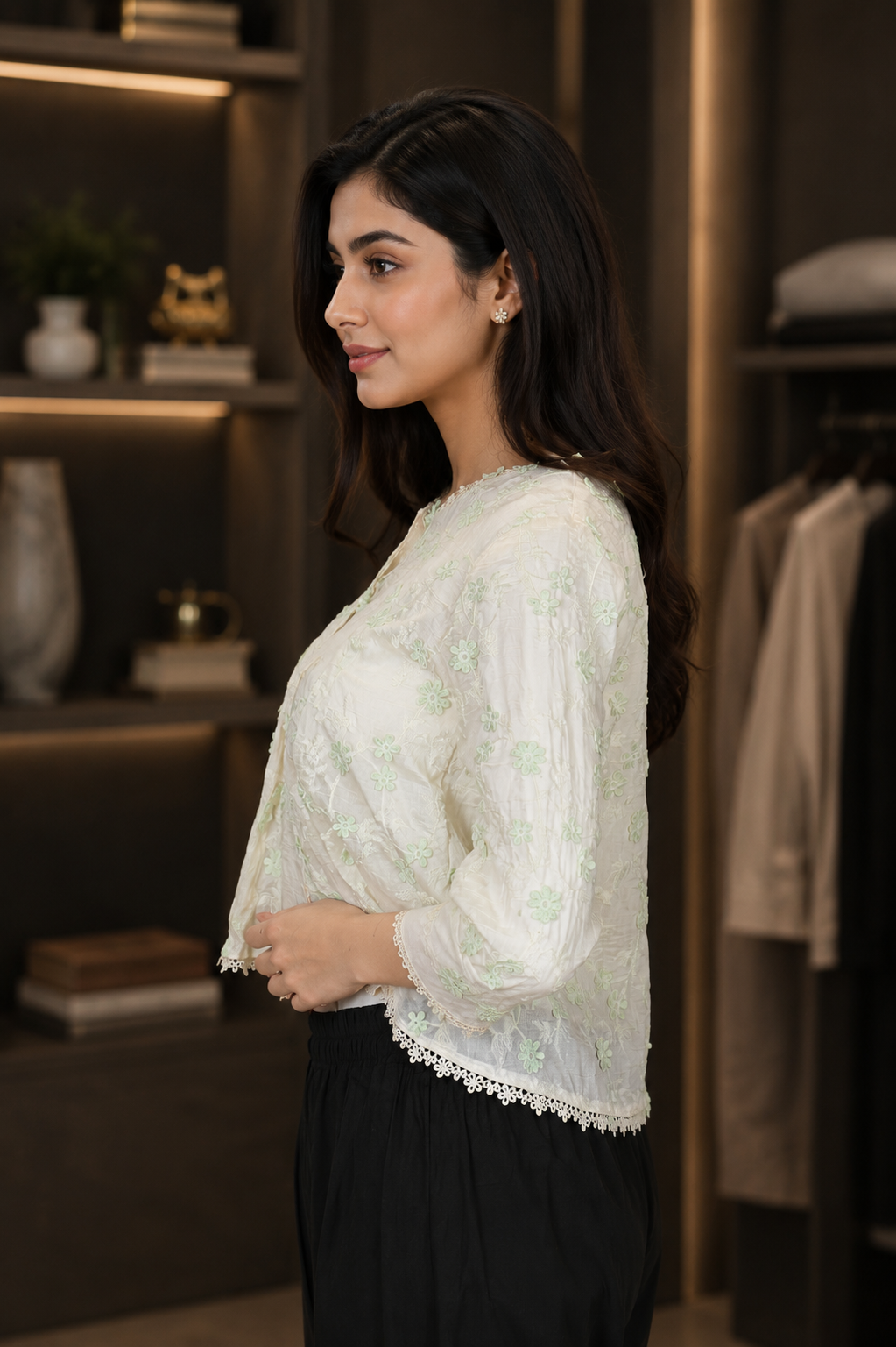 17 Women's Imported Fabric Floral Designer Top – Elegant Casual Wear 17-24-LGRN - Image 4
