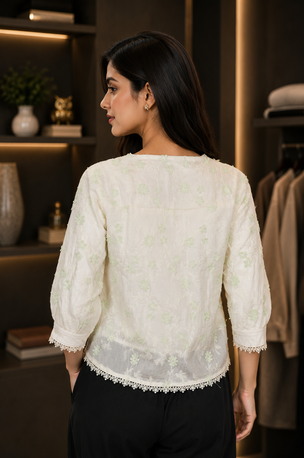 17 Women's Imported Fabric Floral Designer Top – Elegant Casual Wear 17-24-LGRN - Image 3