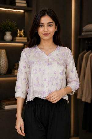 17 Women's Imported Fabric Floral Embroidered Top – Elegant Casual Wear 17-24-PPL