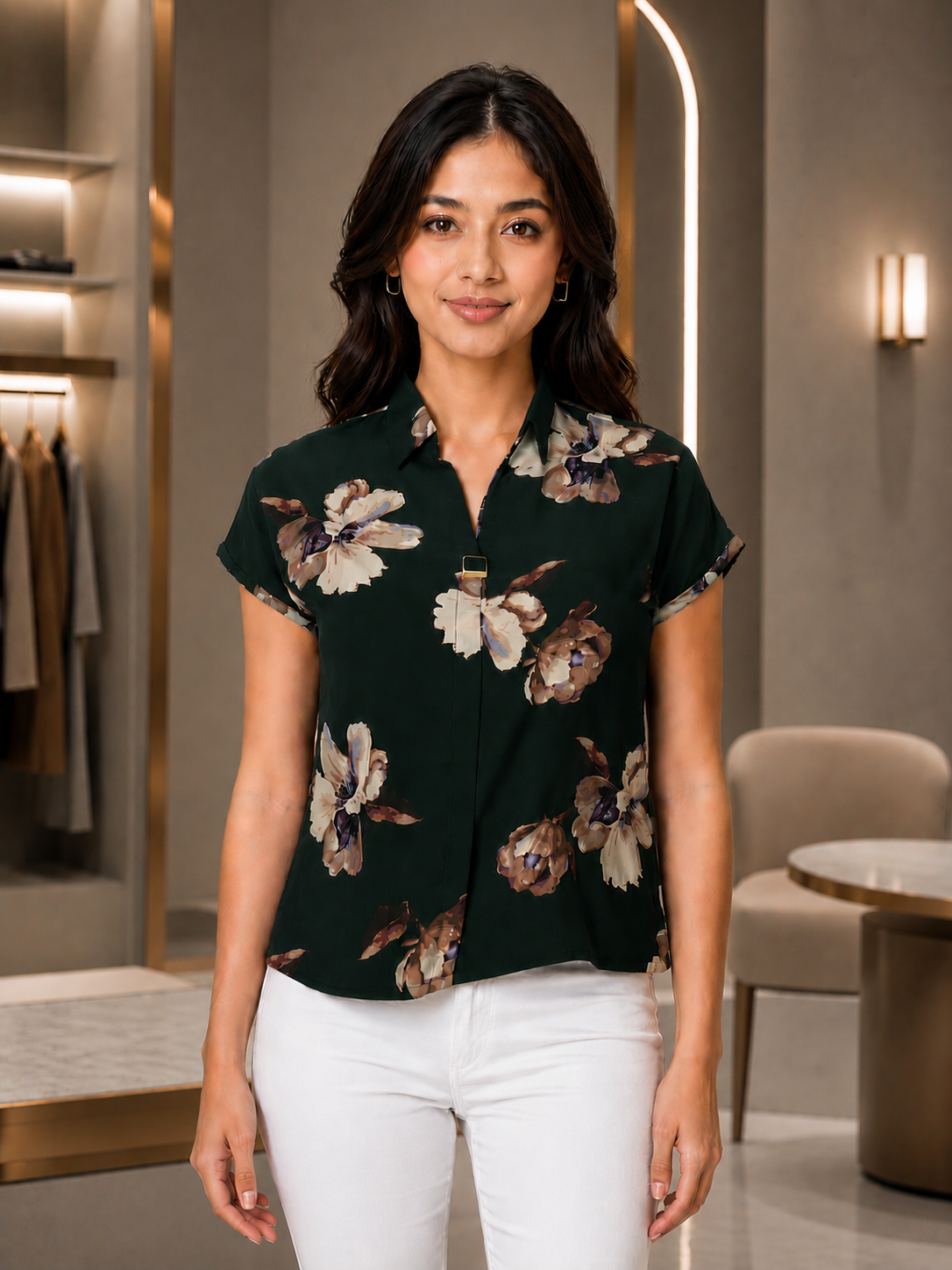 395FL Women's Imported Floral Print Shirt Style Top 395FL-427-DGRN