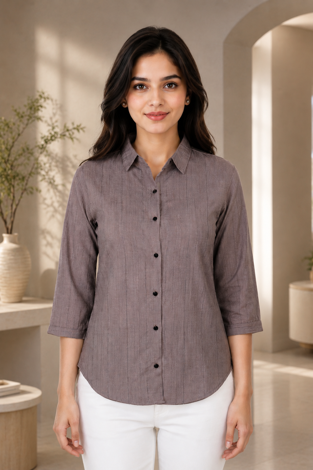 26454 Women’s Imported Textured Button-Down Shirt Top 26454-268-COF