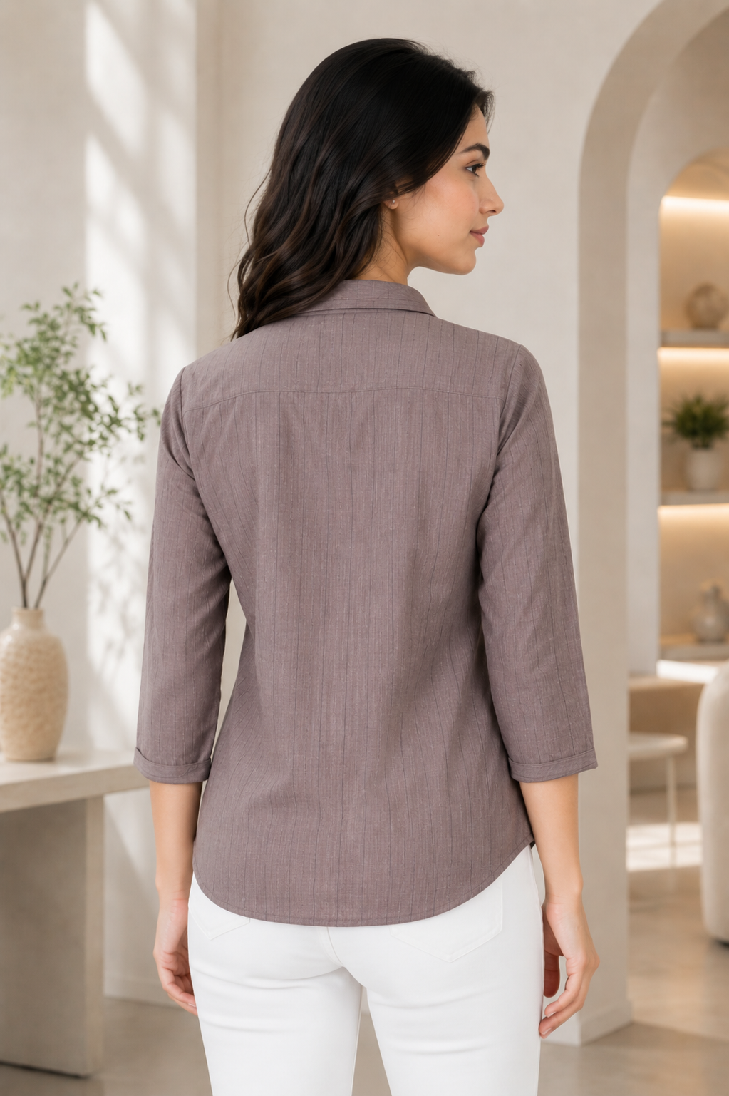 26454 Women’s Imported Textured Button-Down Shirt Top 26454-268-COF - Image 3