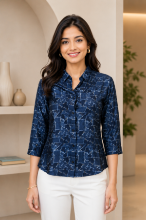 26465 Women’s Imported Navy Abstract Print Shirt Top 26465-268-D BLU