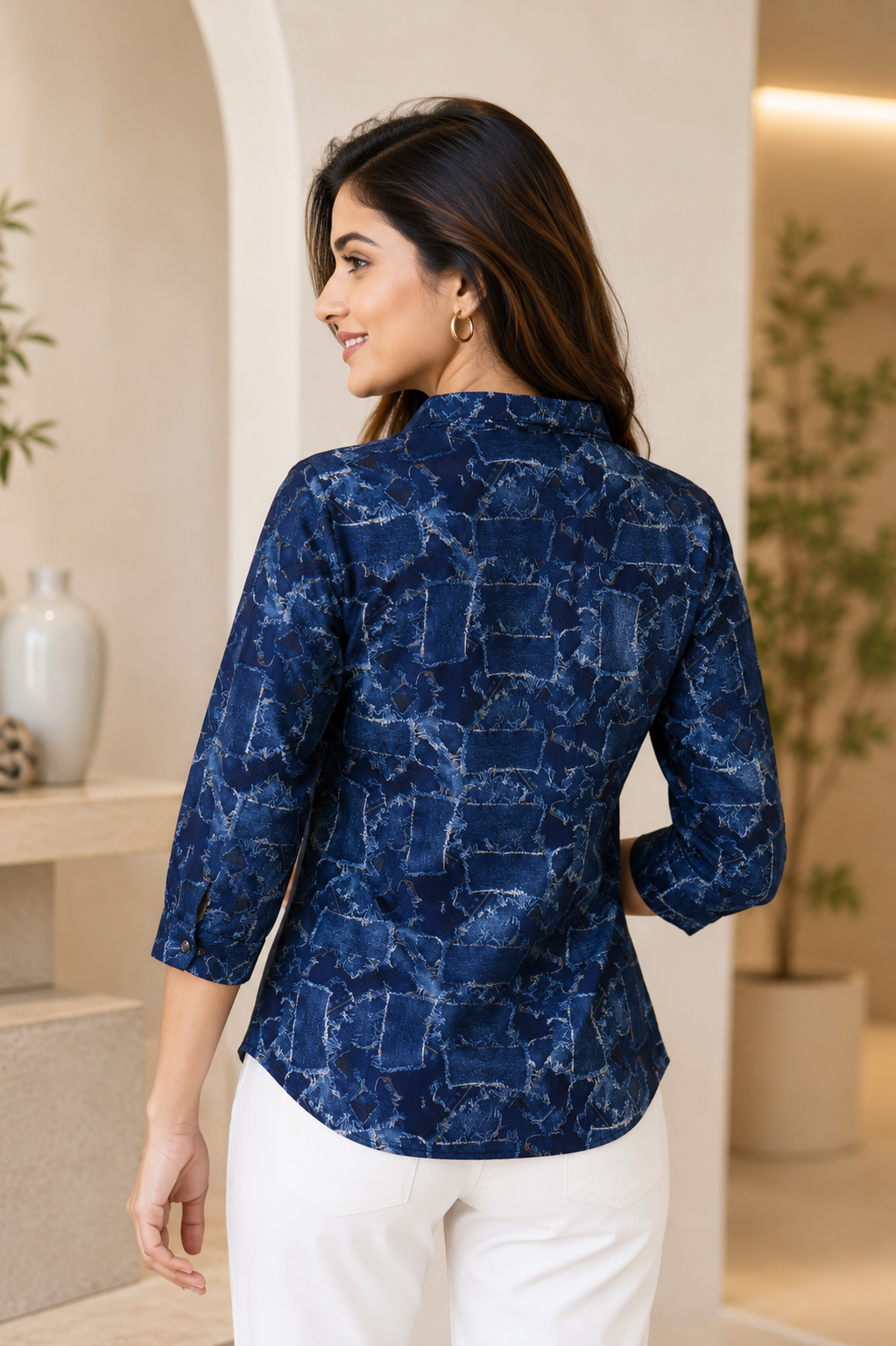 26465 Women’s Imported Navy Abstract Print Shirt Top 26465-268-D BLU - Image 3