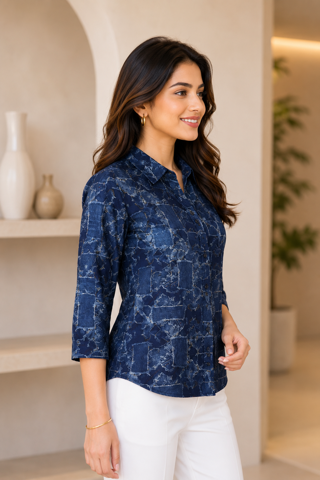 26465 Women’s Imported Navy Abstract Print Shirt Top 26465-268-D BLU - Image 4