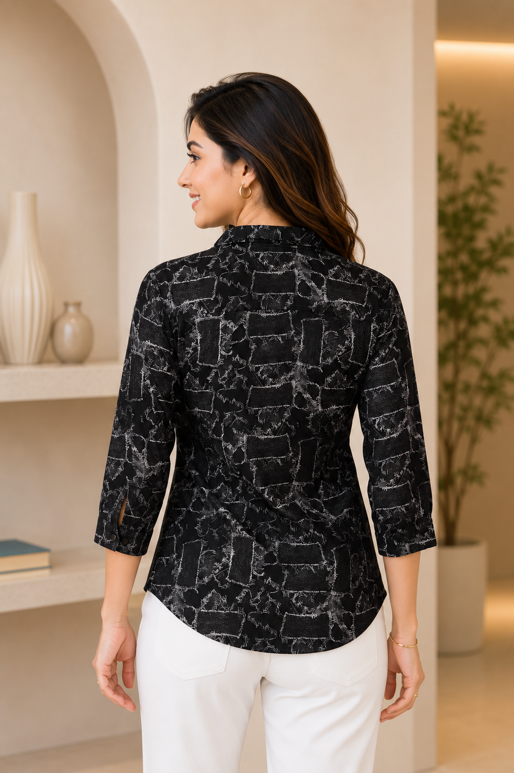 26465 Women’s Imported Black Abstract Print Shirt Top 26465-268-BLK - Image 3