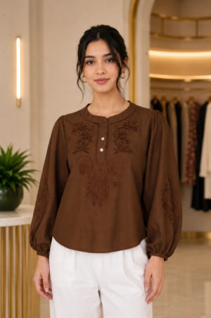 M15 Women's Imported Embroidered Cotton Blend Top – Chocolate Brown M15-406-BRW