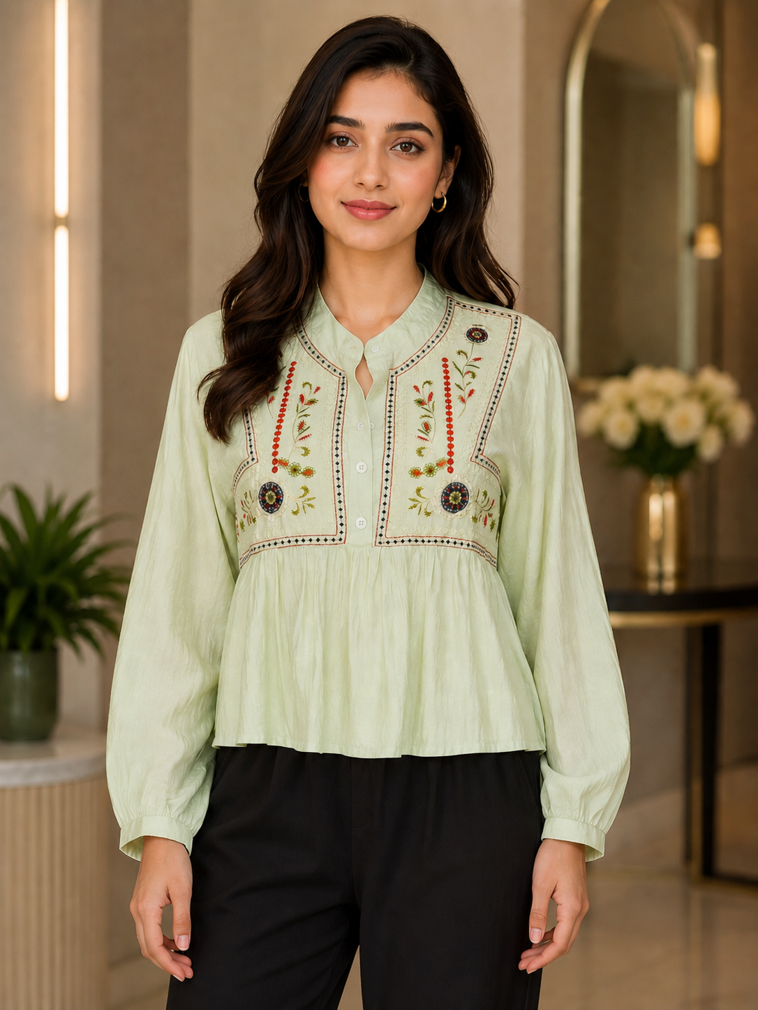 M18 Women's Imported Embroidered Peplum Top – Mint Green M18-406-PST