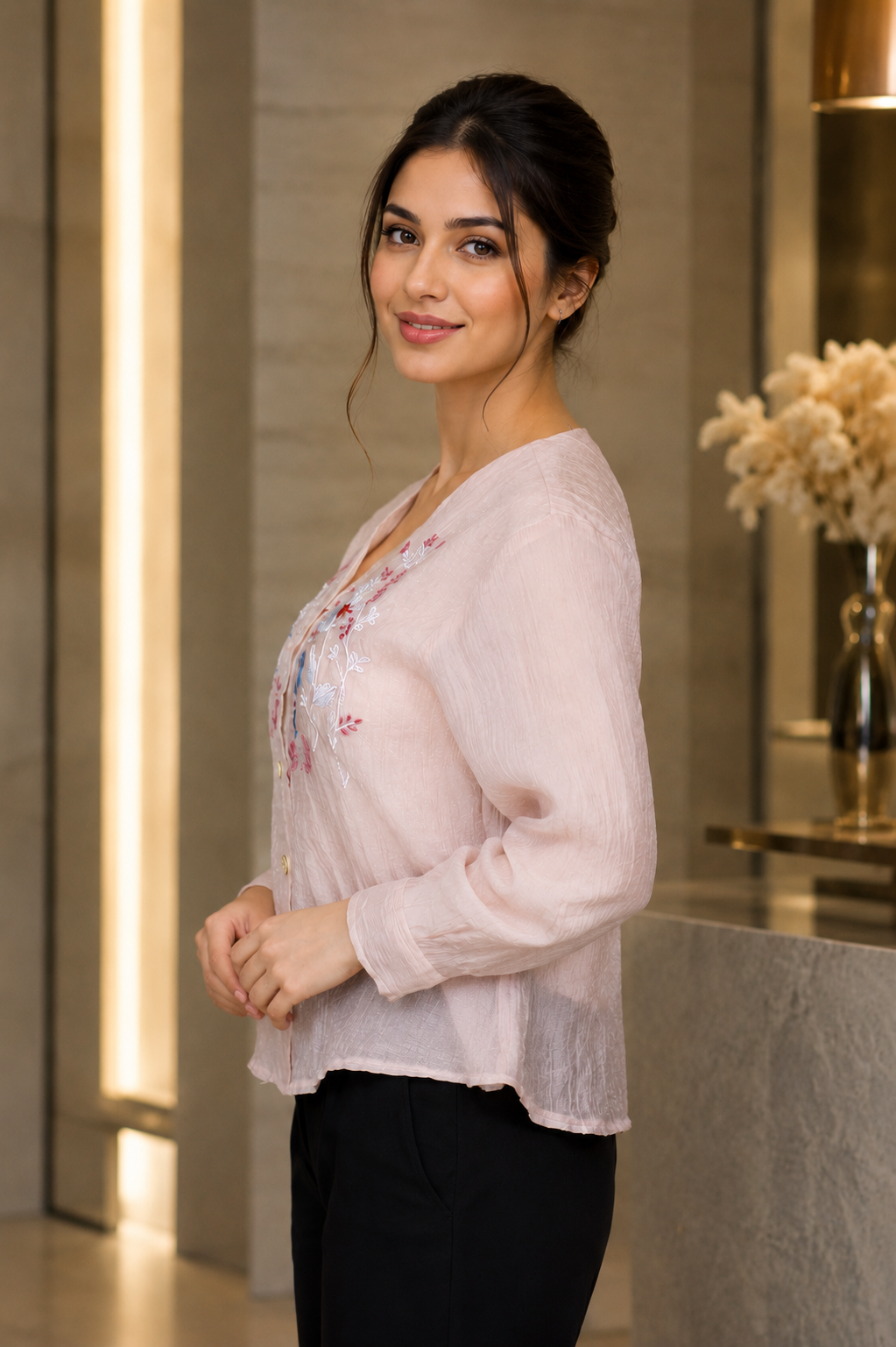 M38 Women's Imported Floral Embroidered Top – Blush Pink M38-406-B.PNK - Image 4