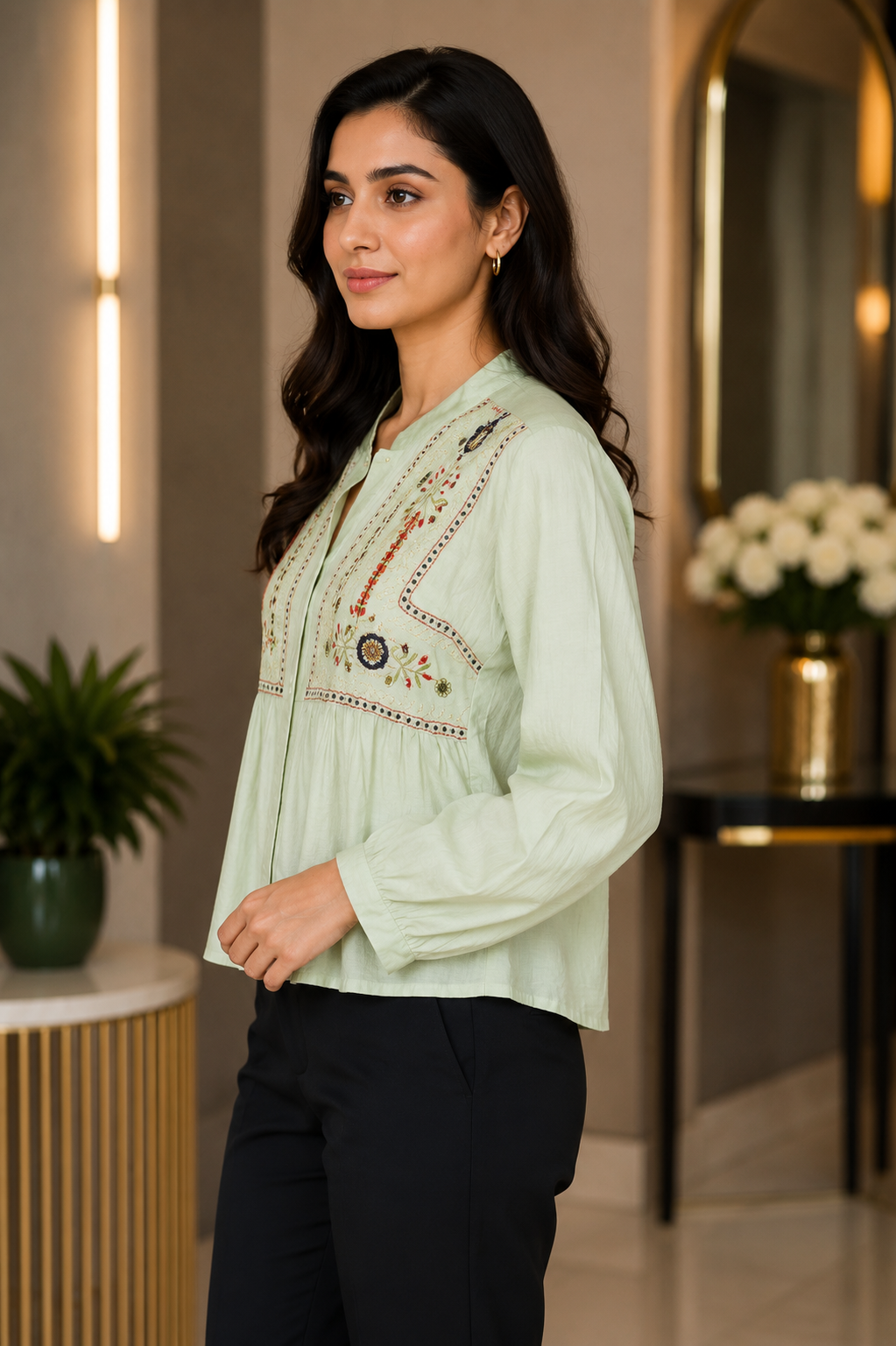 M18 Women's Imported Embroidered Peplum Top – Mint Green M18-406-PST - Image 2