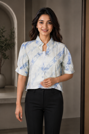 625PR Imported Fabric Women’s Blue Abstract Print Shirt Top 625PR-451-SKY