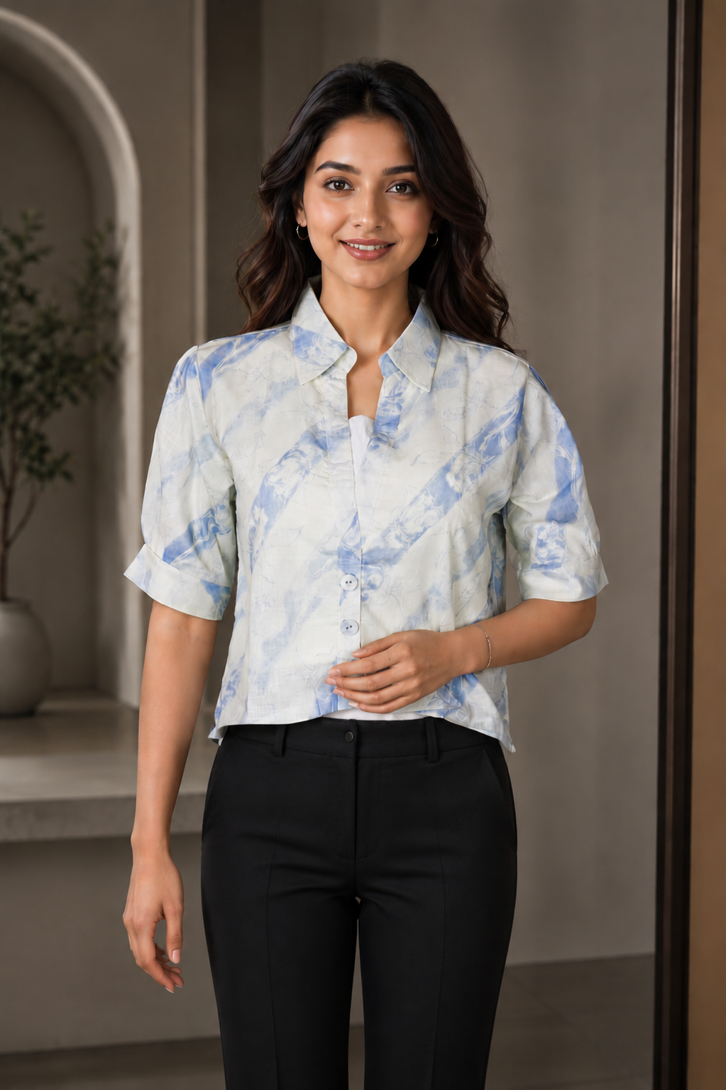 625PR Imported Fabric Women’s Blue Abstract Print Shirt Top 625PR-451-SKY