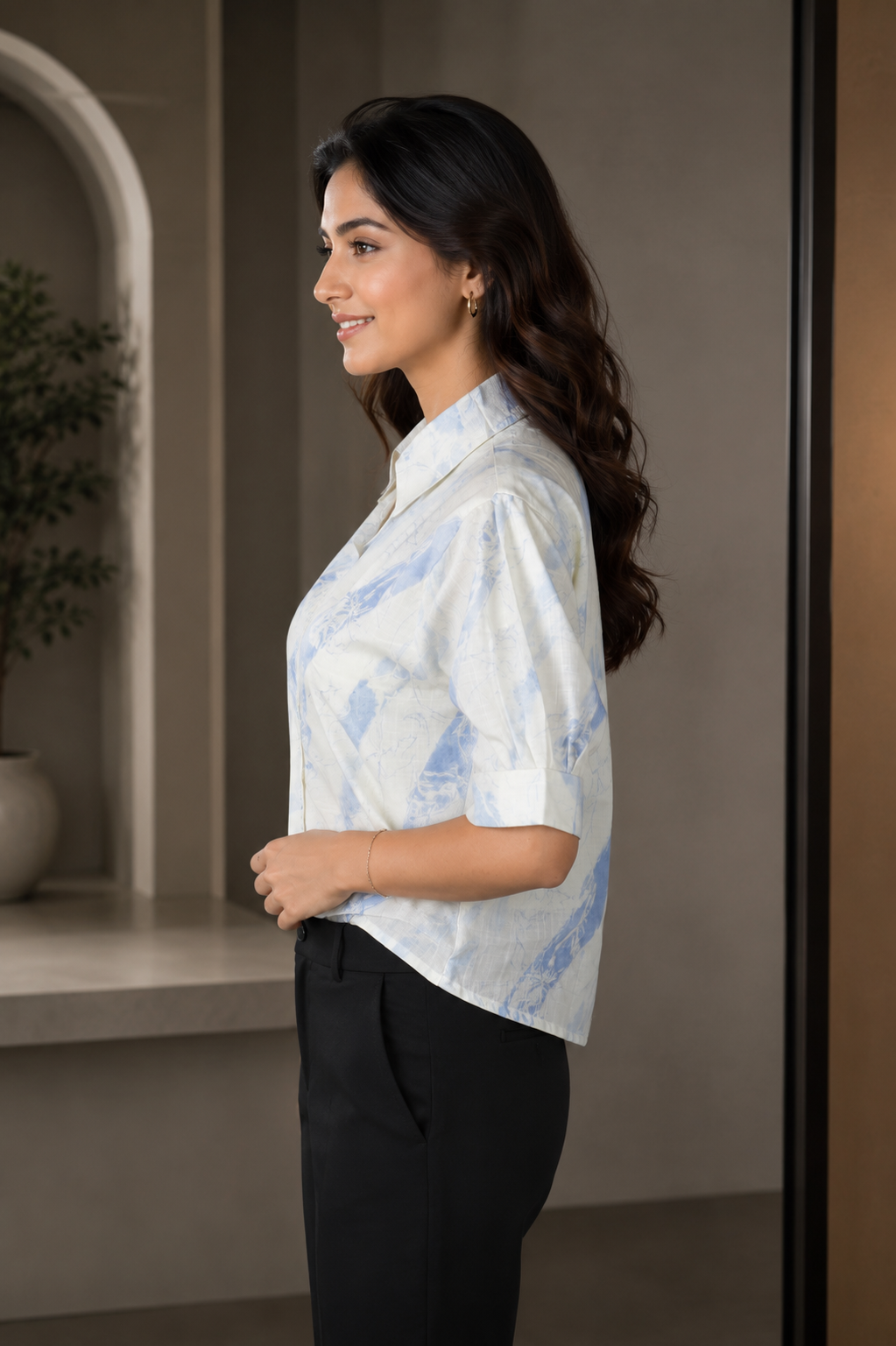 625PR Imported Fabric Women’s Blue Abstract Print Shirt Top 625PR-451-SKY - Image 4