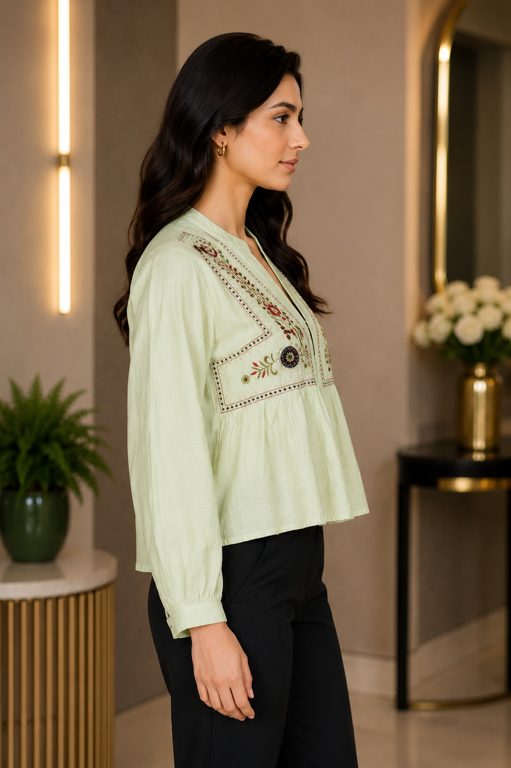 M18 Women's Imported Embroidered Peplum Top – Mint Green M18-406-PST - Image 3