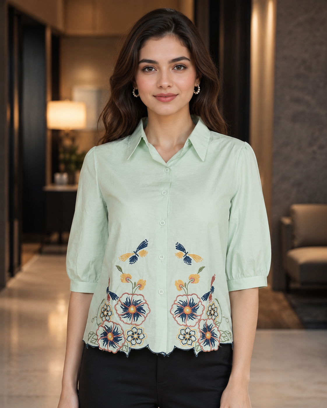 NG08 Women's Imported Floral Embroidered Shirt – Mint Green NG08-441-C GRN