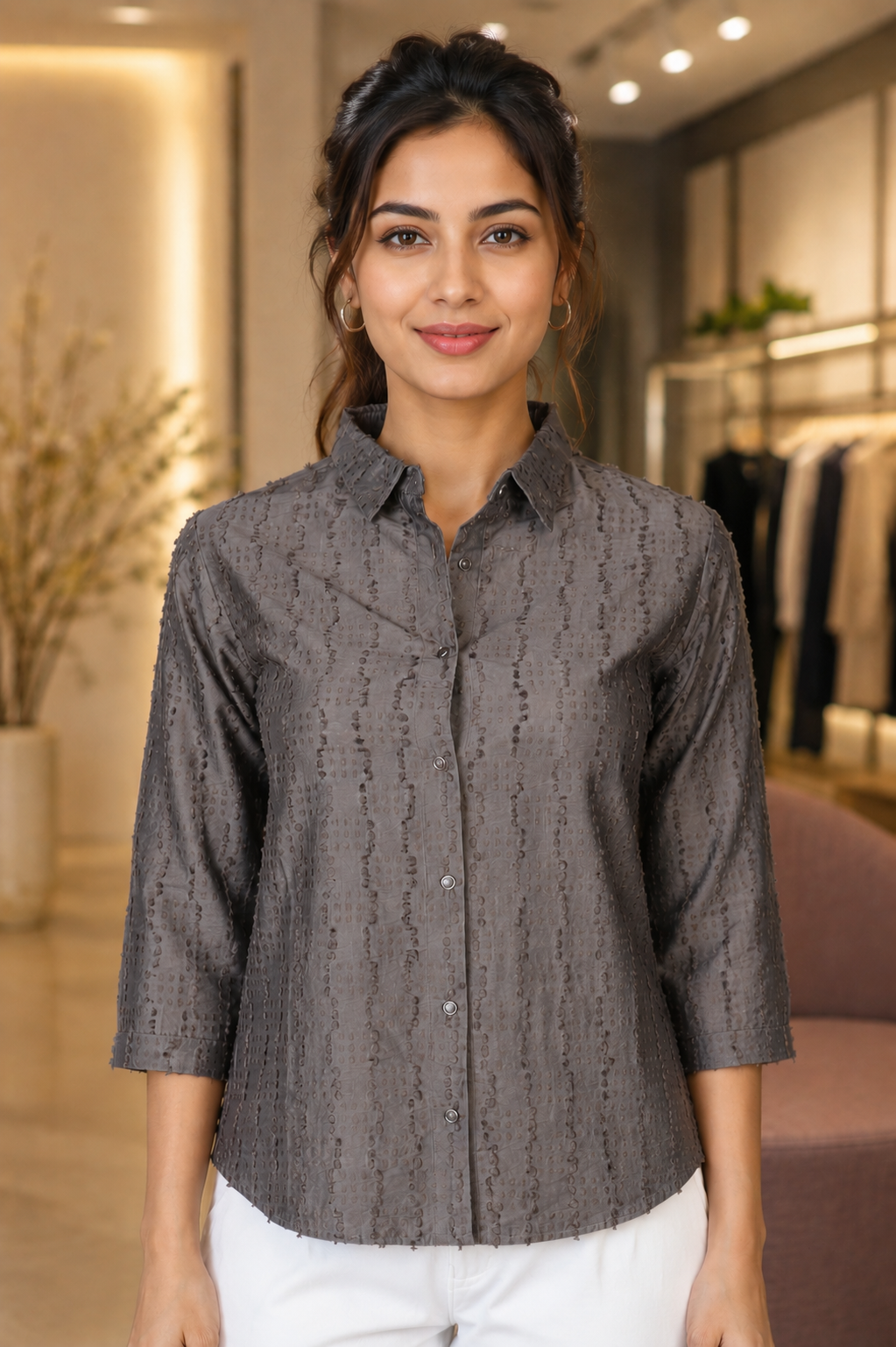 26451 Women's Imported Textured Shirt Top 26451-268-GRY