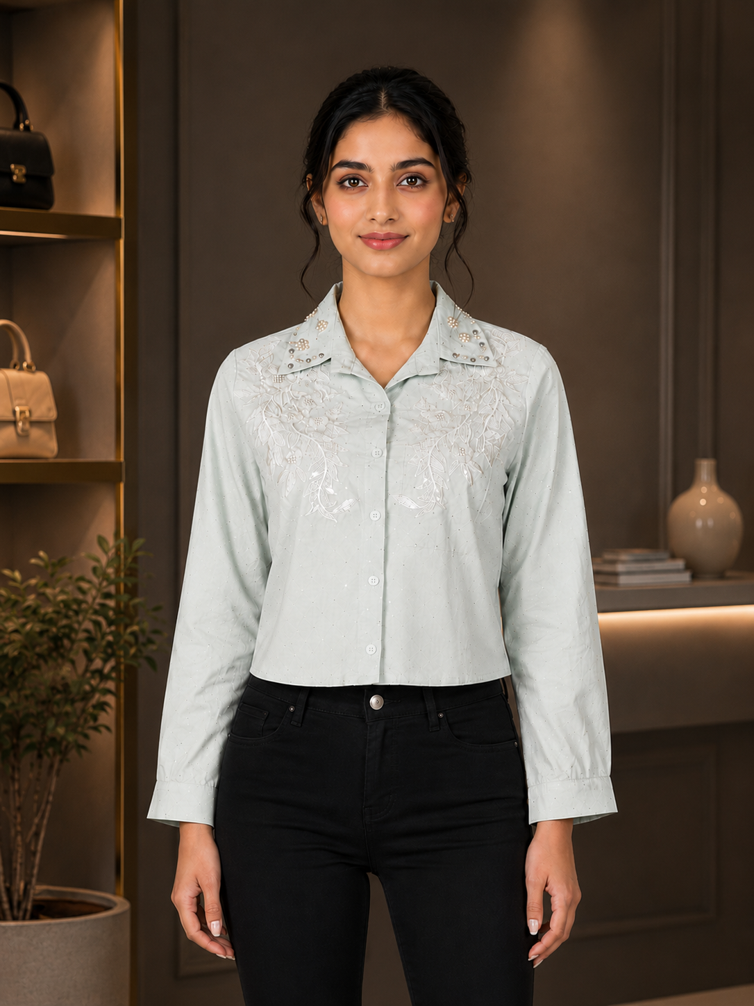 725 Elegant Embroidered Imported Fabric Women's Shirt 725-24-NGRN