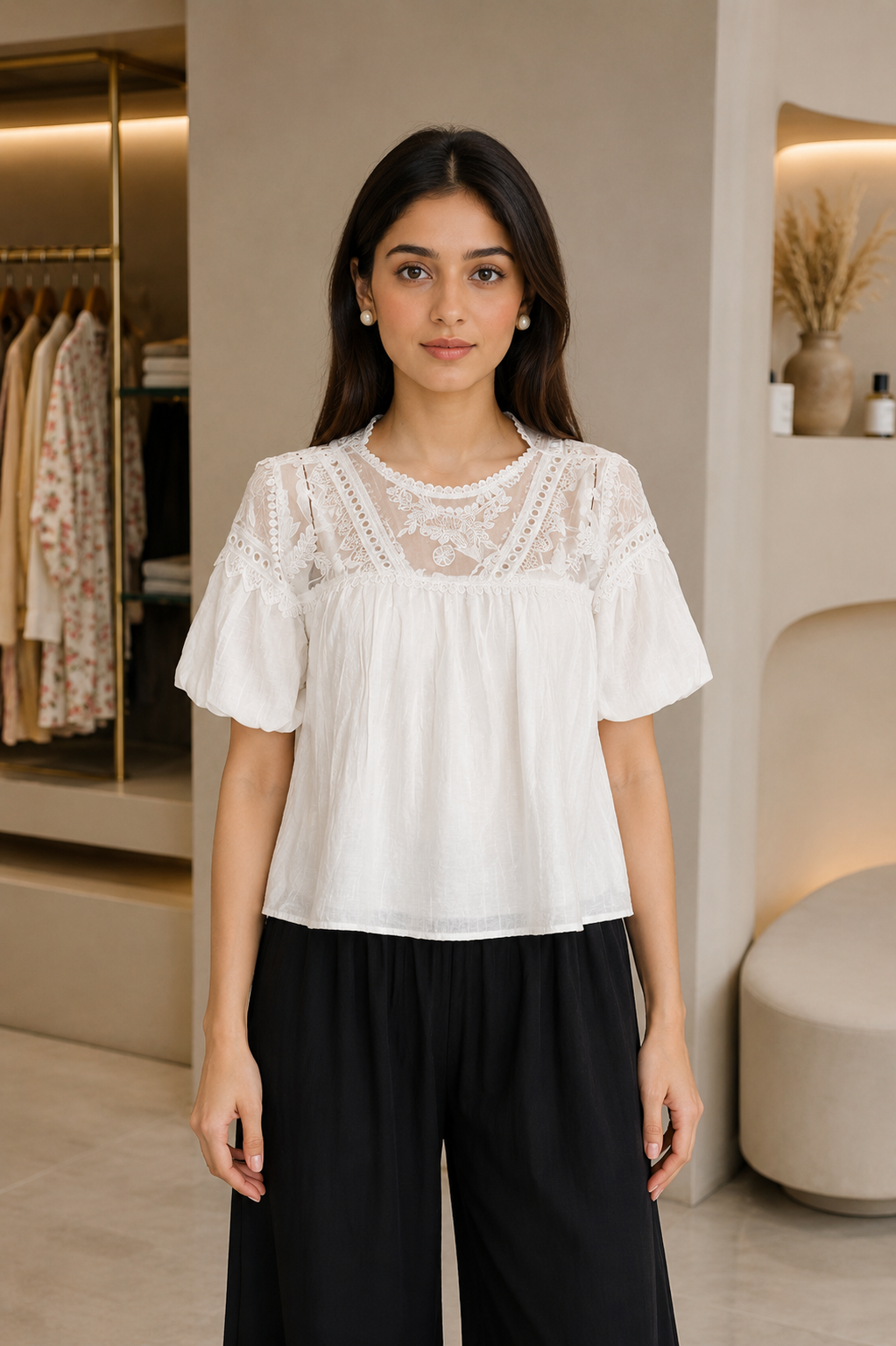 RE017 Women's Imported Lace Embroidered Top – Classic White RE017-76-WHT