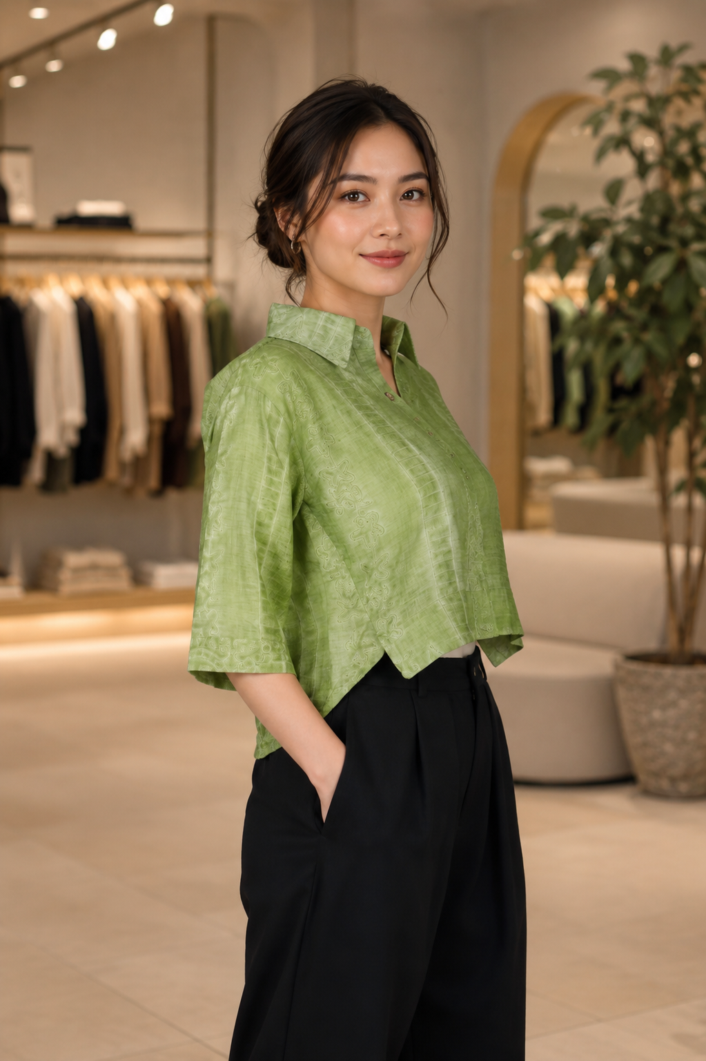 R10 Women's Imported Embroidered Crop Shirt – Olive Green R10-76-GRN - Image 4