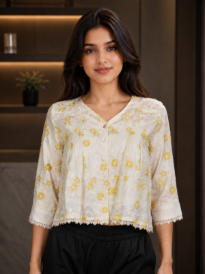 17 Women's Imported Floral Embroidered Top – Butter Cream 17-24-YLW