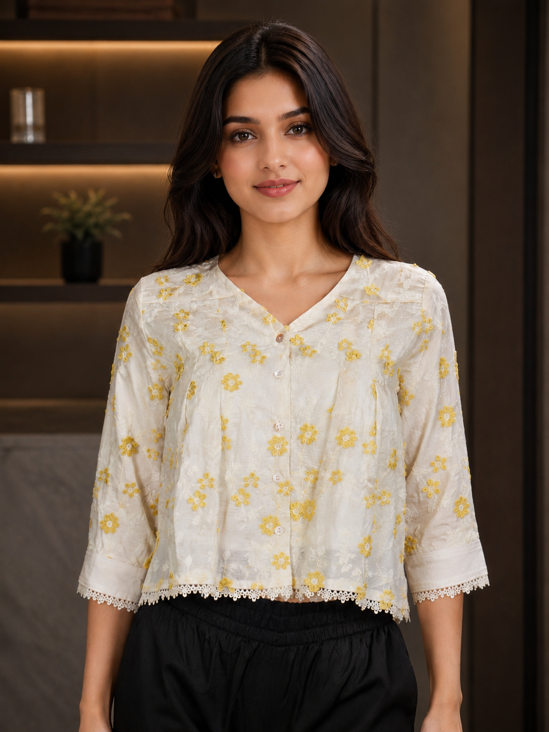 17 Women's Imported Floral Embroidered Top – Butter Cream 17-24-YLW
