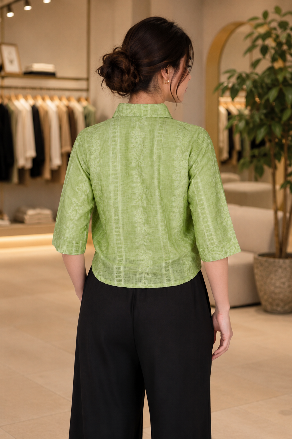 R10 Women's Imported Embroidered Crop Shirt – Olive Green R10-76-GRN - Image 3