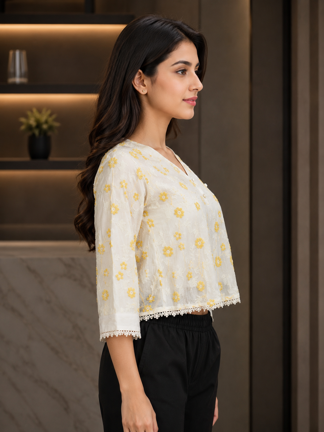 17 Women's Imported Floral Embroidered Top – Butter Cream 17-24-YLW - Image 4