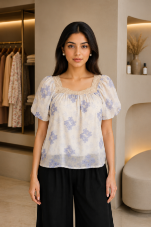 RE019 Women's Imported Floral Print Top – Ivory Blue RE019-76-BLU