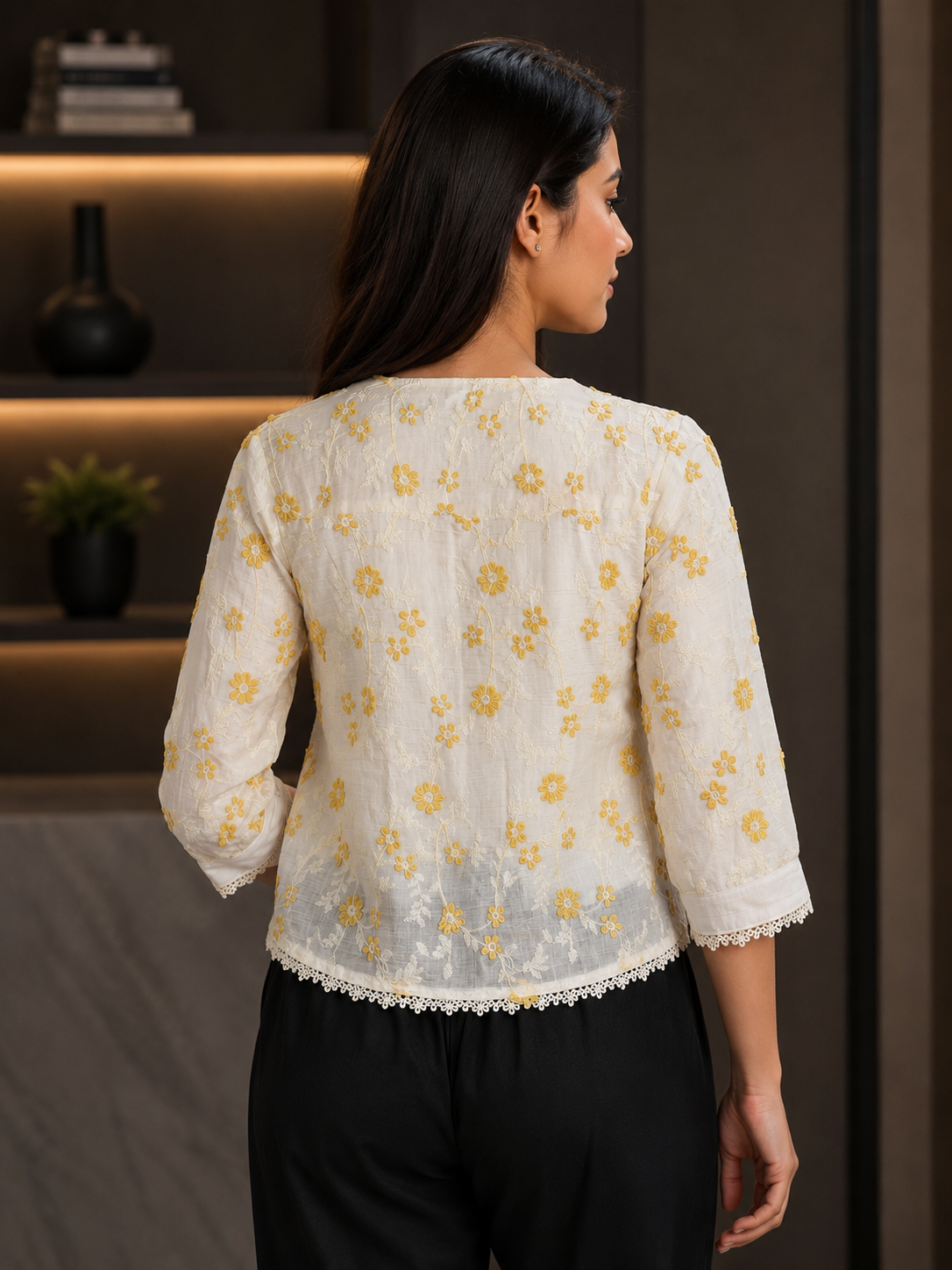 17 Women's Imported Floral Embroidered Top – Butter Cream 17-24-YLW - Image 3
