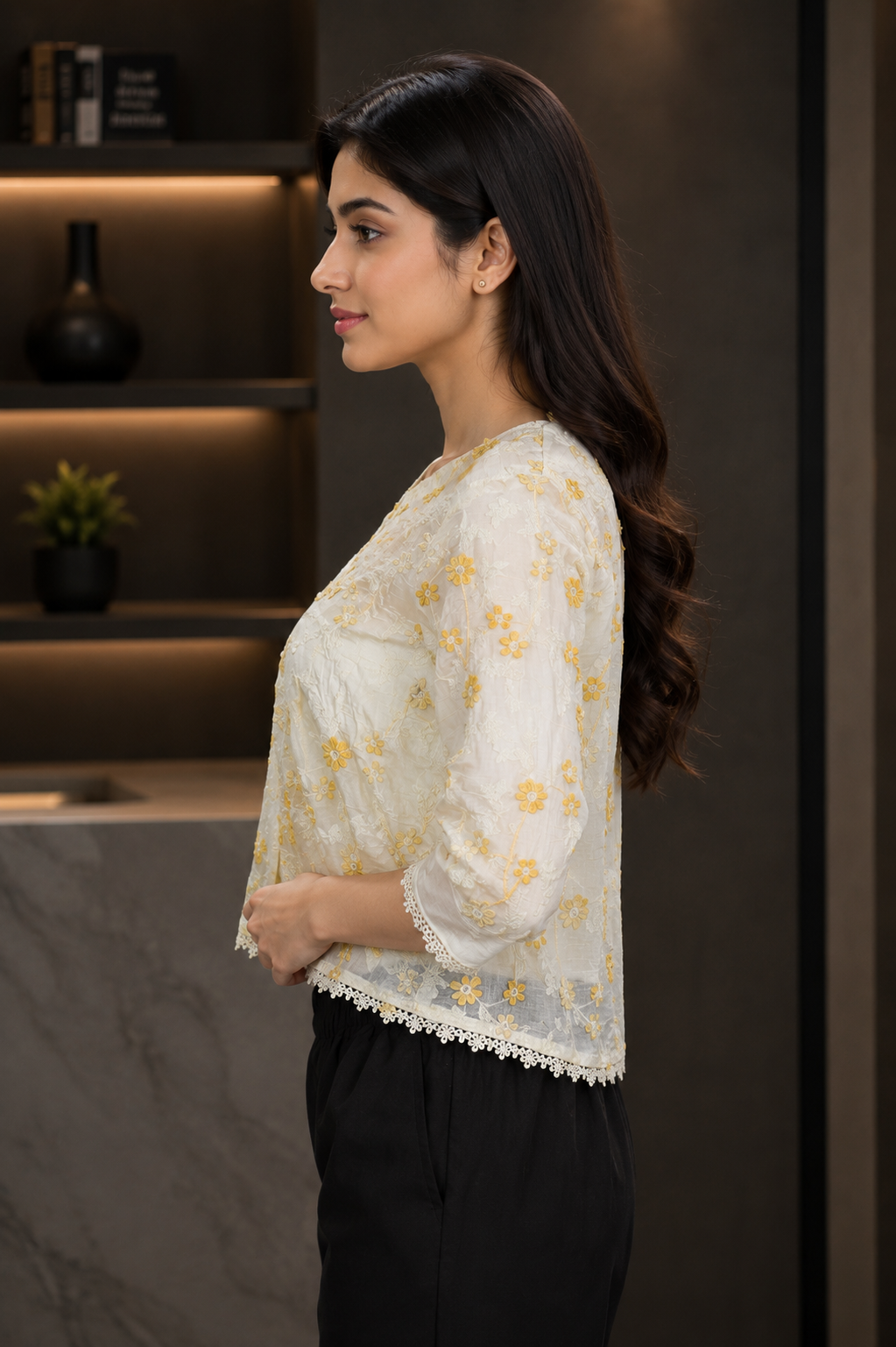 17 Women's Imported Floral Embroidered Top – Butter Cream 17-24-YLW - Image 2